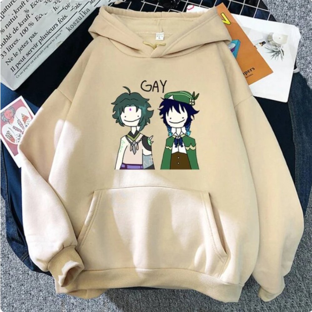 Funny Xiao and Venti Hoodie GAY Size XS Beige Genshin Impact Anime Graphic